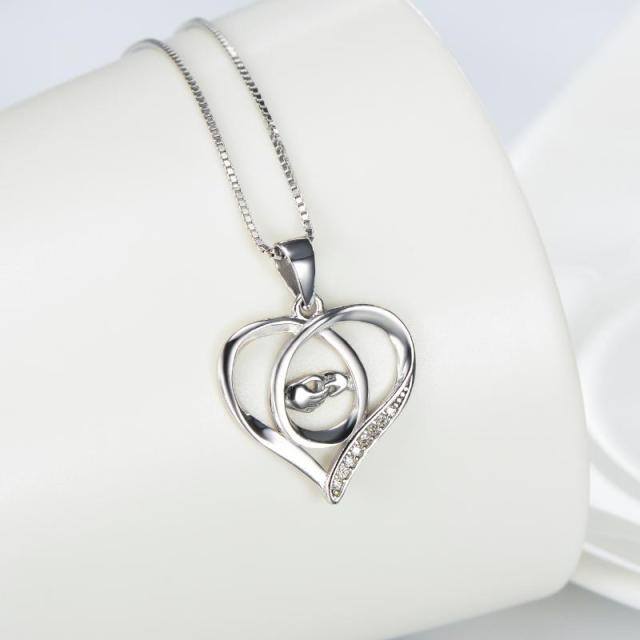 Sterling Silver Cubic Zirconia Heart & Hold Hands Pendant Necklace-2