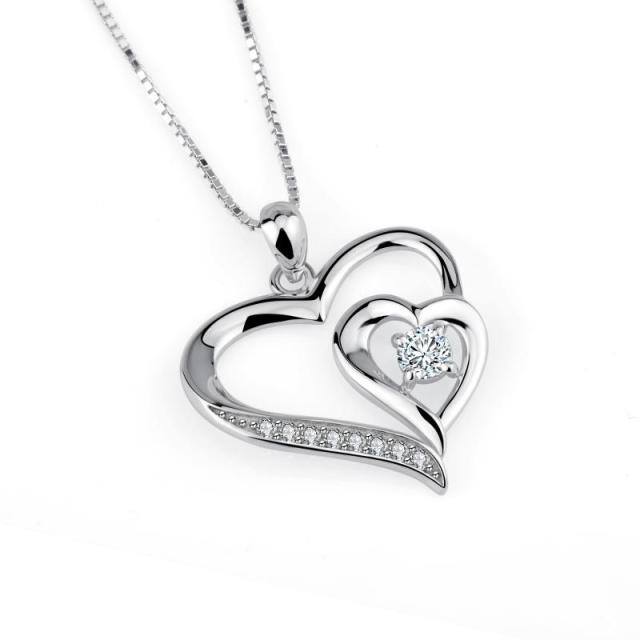 Sterling Silber kreisförmige Herz mit Herz-Anhänger Halskette-2