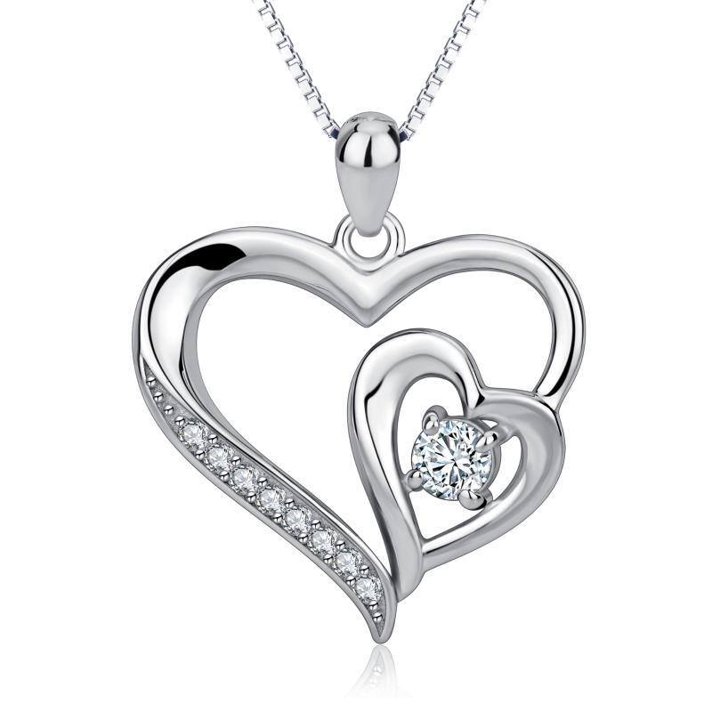 Sterling Silver Circular Shaped Heart With Heart Pendant Necklace-1