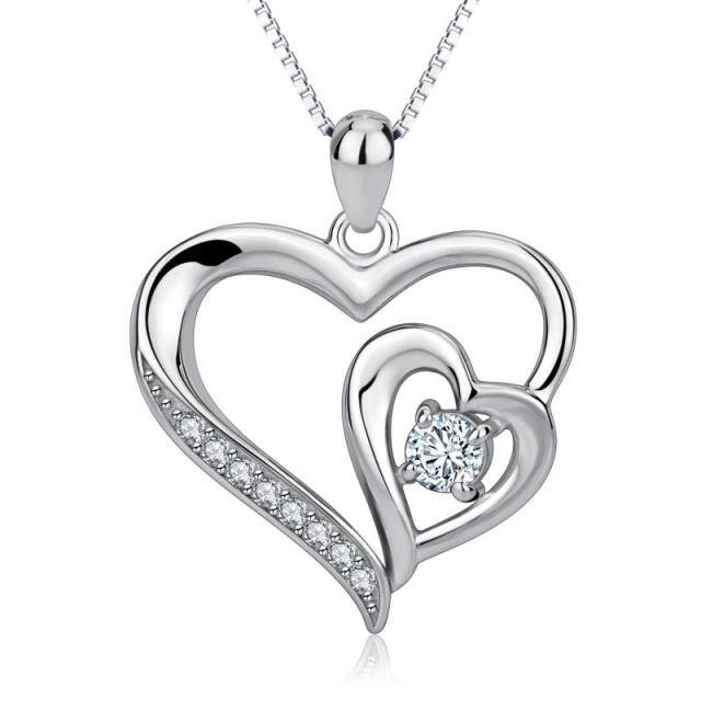 Sterling Silber kreisförmige Herz mit Herz-Anhänger Halskette-0