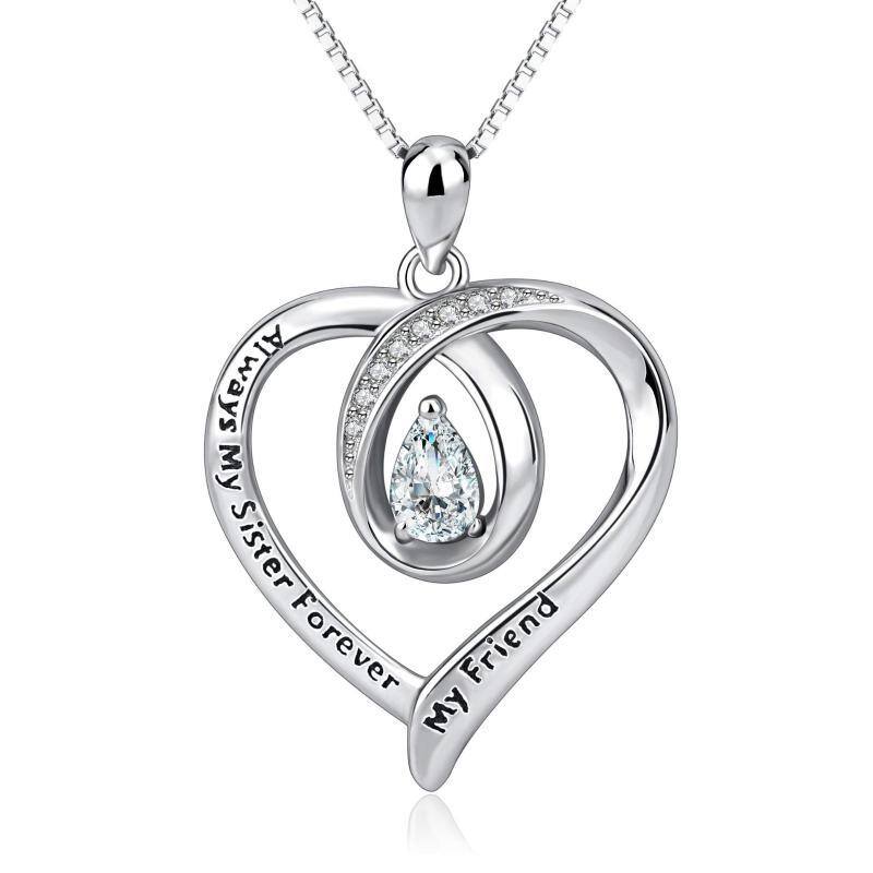 Sterling Silver Cubic Zirconia Heart Pendant Necklace with Box Chain-1