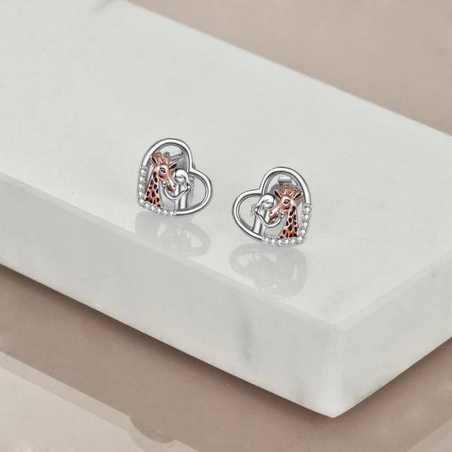 Sterling Silver Two-tone Cubic Zirconia Giraffe & Heart Stud Earrings-5