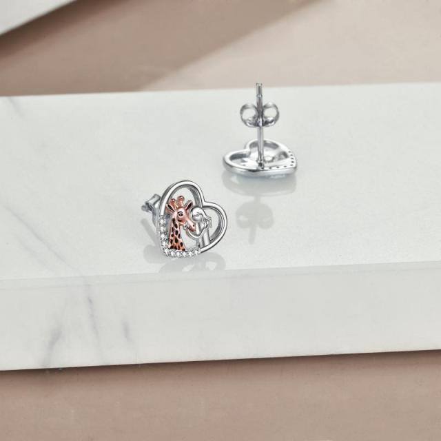 Sterling Silver Two-tone Cubic Zirconia Giraffe & Heart Stud Earrings-4