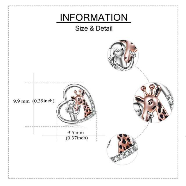 Sterling Silver Two-tone Cubic Zirconia Giraffe & Heart Stud Earrings-6