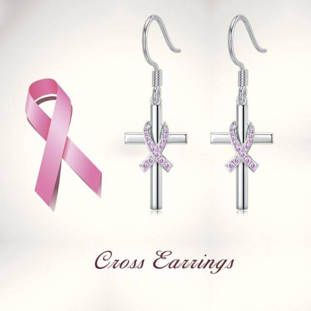 Sterling Silver Cubic Zirconia Breast Cancer & Cross Drop Earrings-4