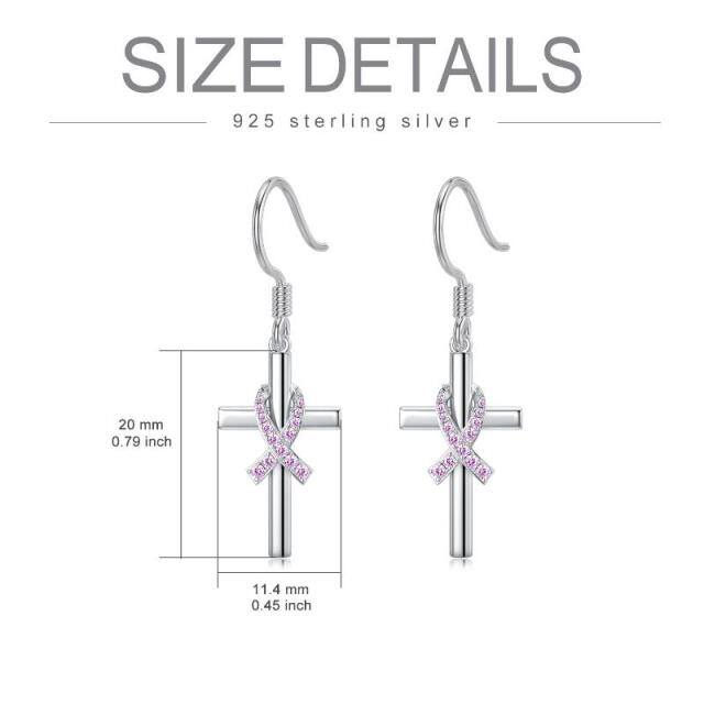 Sterling Silver Cubic Zirconia Breast Cancer & Cross Drop Earrings-3
