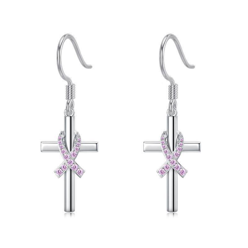 Sterling Silver Cubic Zirconia Breast Cancer & Cross Drop Earrings-1