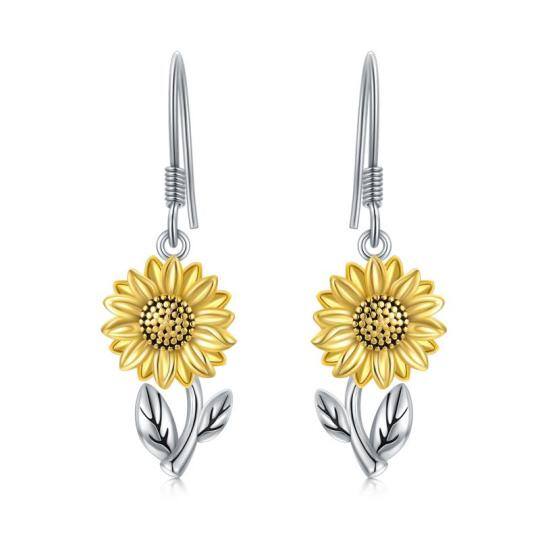 Sterling Silver Two-tone Sunflower Drop Earrings