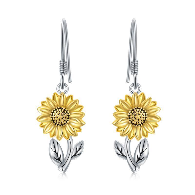 Sterling Silver Two-tone Sunflower Drop Earrings