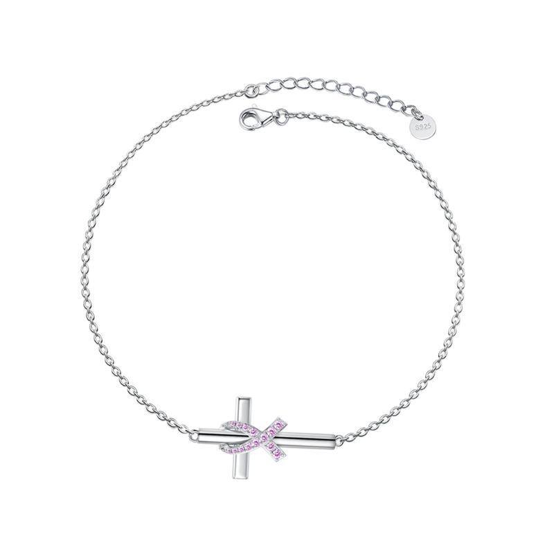 Sterling Silver Cubic Zirconia Cross & Ribbon Pendant Bracelet-1