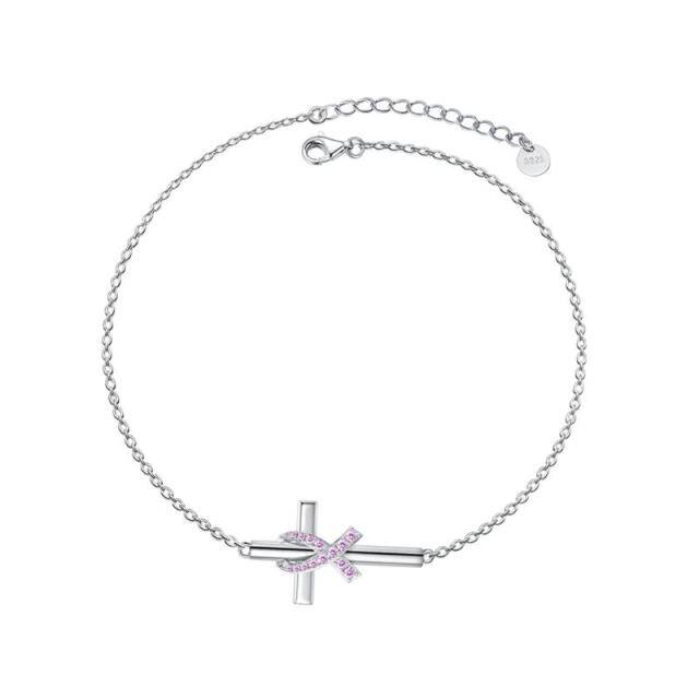 Sterling Silver Cubic Zirconia Cross & Ribbon Pendant Bracelet-4