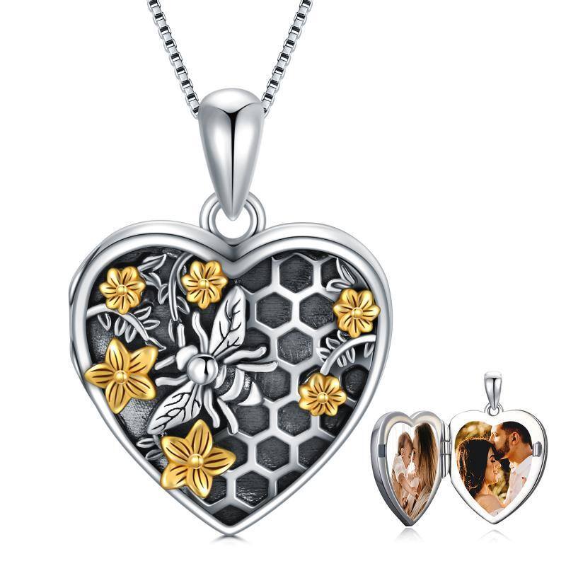 Sterling Silver Two-tone Bee & Daffoil Heart Personalized Photo Necklace-1