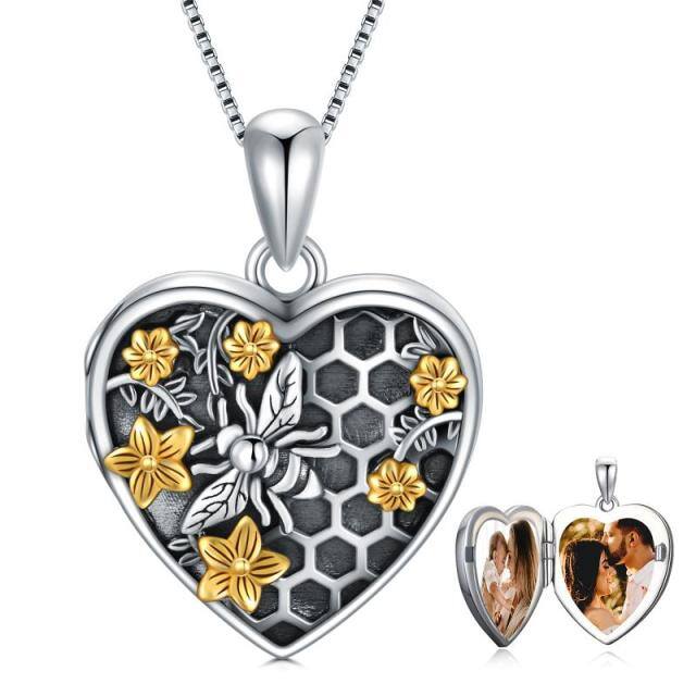 Colar de prata esterlina com dois tons de abelha e narciso com fotografia personalizada do coração-0