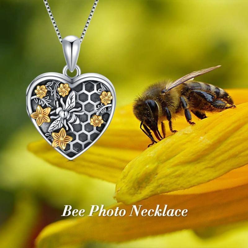 Sterling Silver Two-tone Bee & Daffoil Heart Personalized Photo Necklace-6