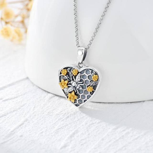 Sterling Silber zweifarbig Biene & Daffoil Herz personalisierte Foto Halskette-3