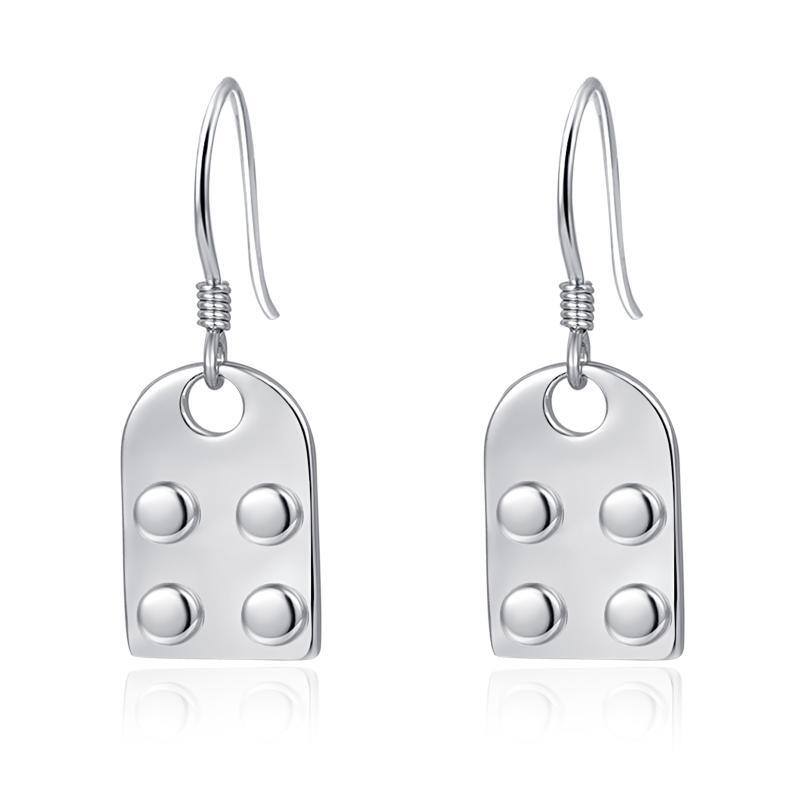 Sterling Silver Lego Brick Heart Dangle Drop Earrings-1