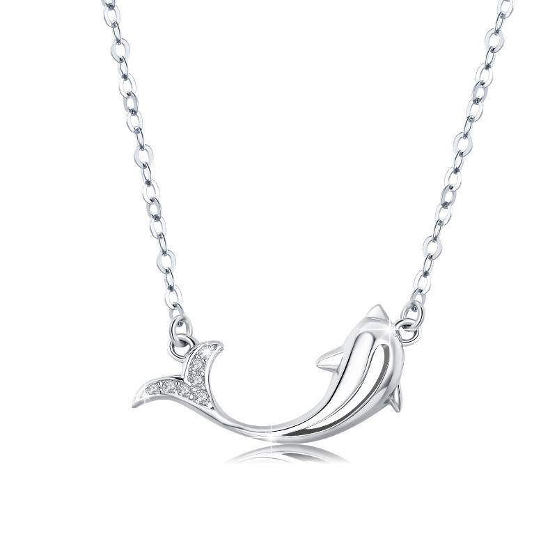 Sterling Silver Circular Shaped Cubic Zirconia Dolphin Pendant Necklace-1