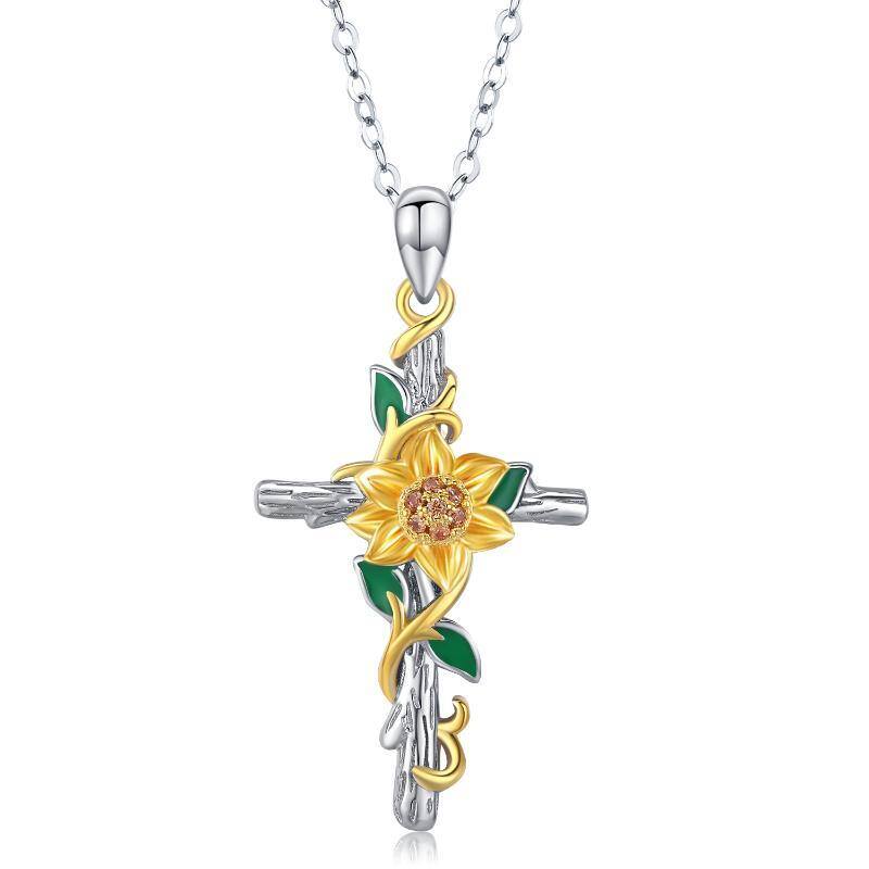 Sterling Silver Two-tone Cubic Zirconia Sunflower Daffodil & Cross Pendant Necklace-1