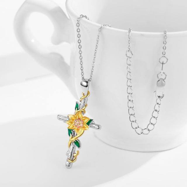 Sterling Silver Two-tone Cubic Zirconia Sunflower Daffodil & Cross Pendant Necklace-2