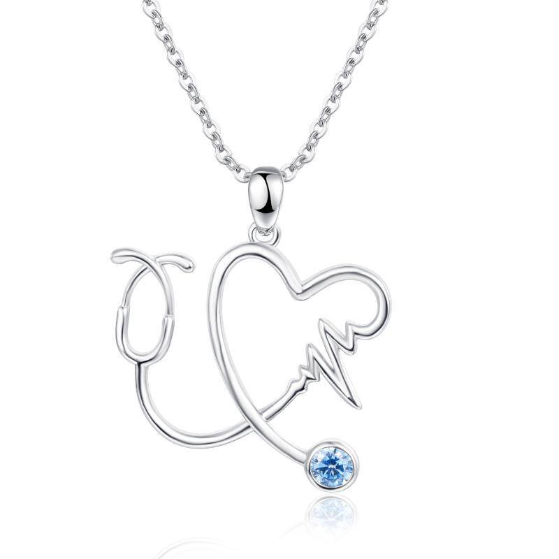 Sterling Silver Zircon Heart & Stethoscope Pendant Necklace-1