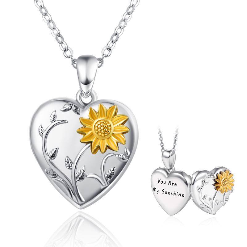 Sterling Silver Two-tone Sunflower Personalized Photo Locket Necklace with Engraved Word