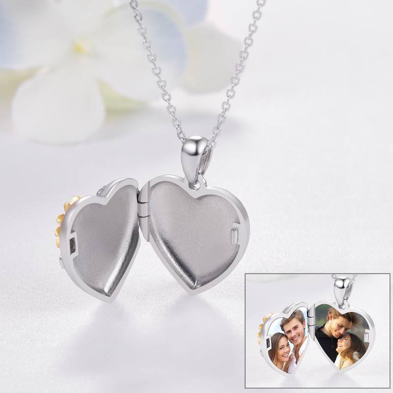 Sterling Silver Two-tone Sunflower Personalized Photo Locket Necklace with Engraved Word-4