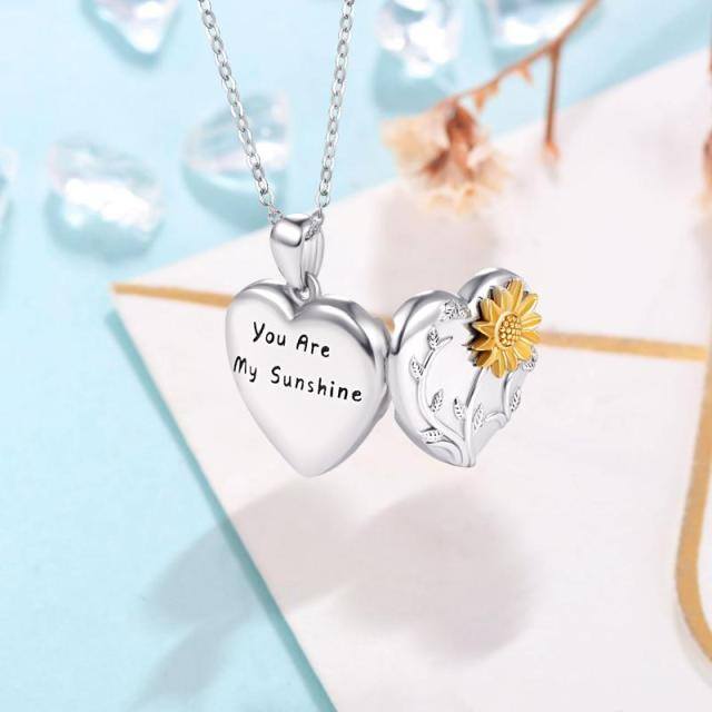 Sterling Silver Two-tone Sunflower Personalized Photo Locket Necklace with Engraved Word-2
