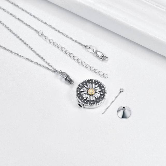 Sterling Silver Circular Shaped Cubic Zirconia Sunflower Urn Necklace for Ashes-3