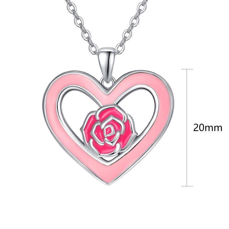 Sterling Silver Pink Heart & Rose Pendant Necklace-5