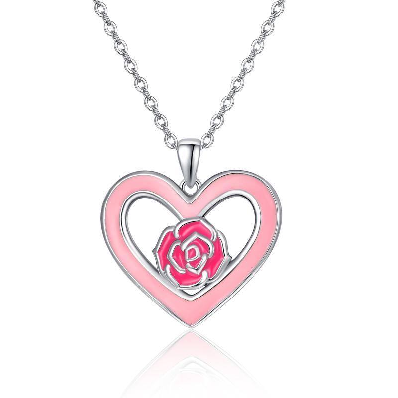 Sterling Silver Pink Heart & Rose Pendant Necklace-1