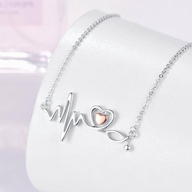 Sterling Silver Two-tone Electrocardiogram & Heart & Stethoscope Pendant Necklace-4