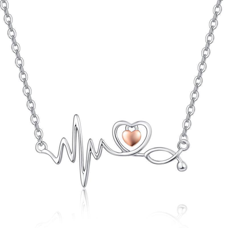 Collar de plata de ley con electrocardiograma, corazón y estetoscopio en dos tonos-1