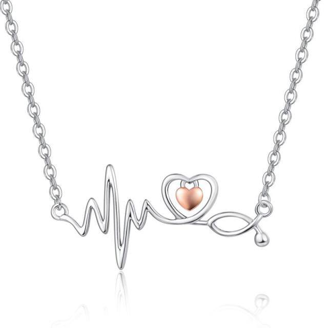 Colar de prata esterlina com pingente de eletrocardiograma, coração e estetoscópio em dois-0