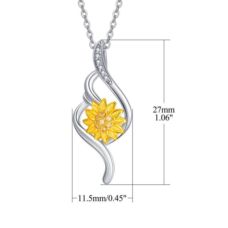 Sterling Silver Two-tone Circular Shaped Cubic Zirconia Sunflower Pendant Necklace-7