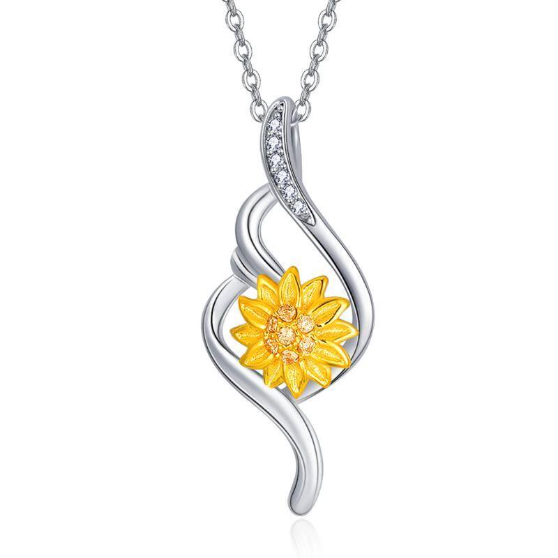 Zweifarbige Halskette mit Sonnenblumen-Anhänger aus Sterlingsilber mit rundem Zirkonia-1