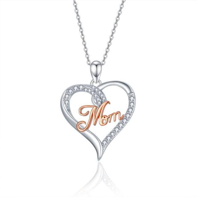 Sterling SilverCubic Zirconia Heart Pendant Necklace with Mom Pendant-0