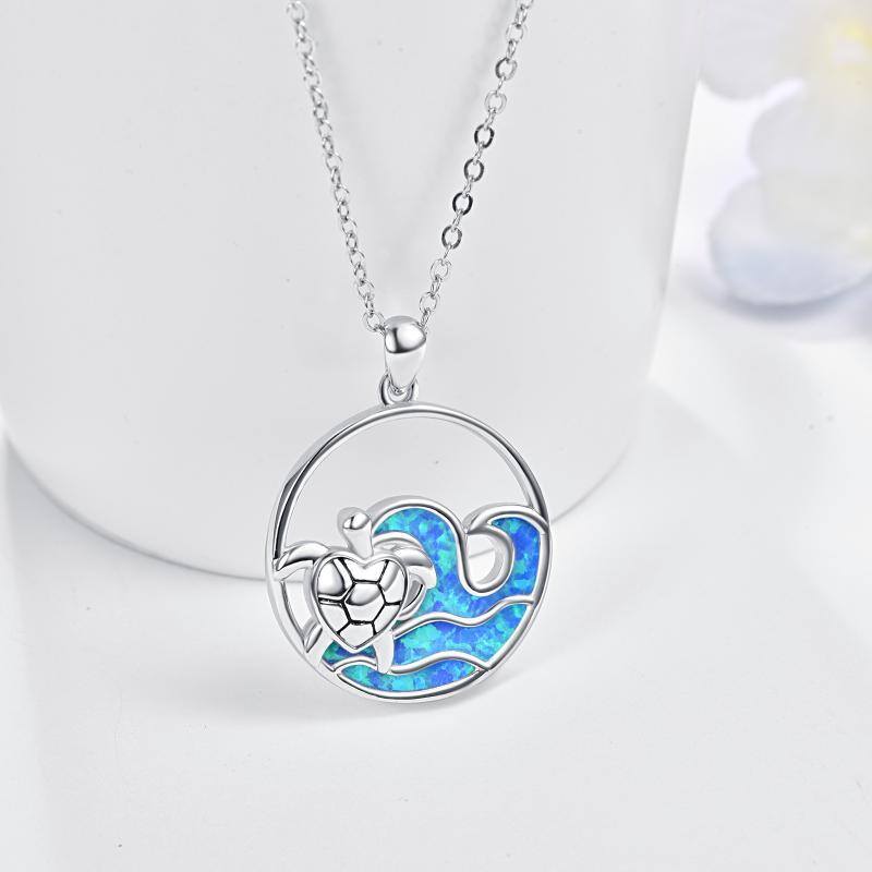 Sterling Silver Zircon Sea Turtle & Spray Pendant Necklace-4