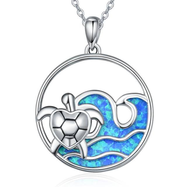 Sterling Silver Zircon Sea Turtle & Spray Pendant Necklace-5