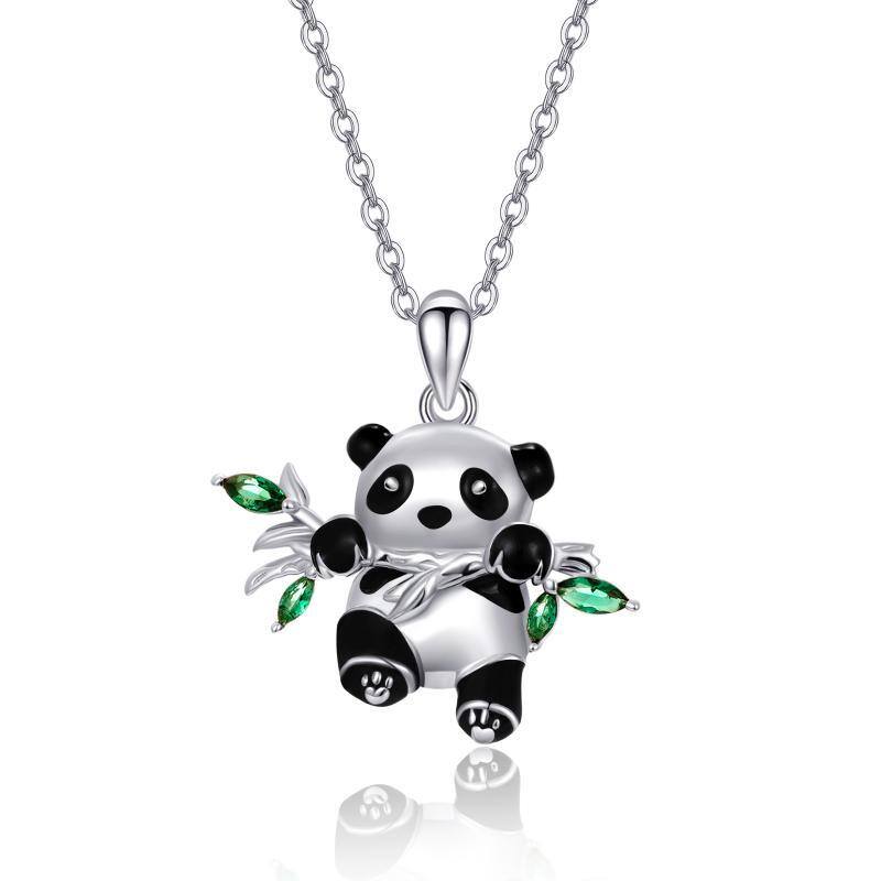 Sterling Silver Marquise Shaped Cubic Zirconia Panda Pendant Necklace with Engraved Word-1