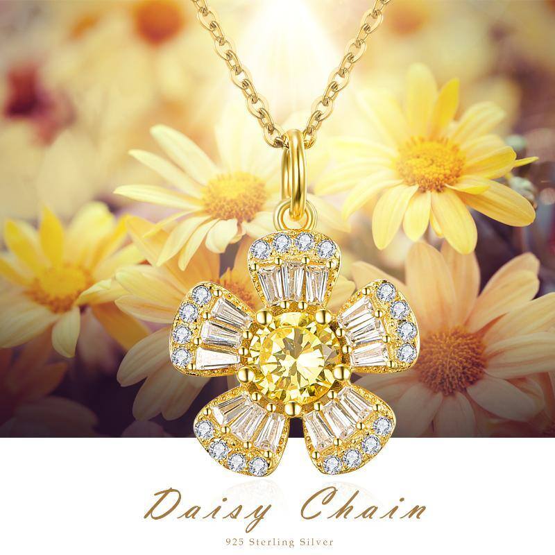 Sterling Silver with Yellow Gold Plated Circular Shaped & Princess-square Shaped Cubic Zirconia Sunflower Pendant Necklace-6