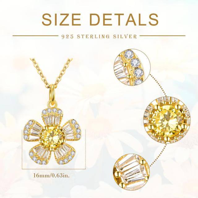 Sterling Silver with Yellow Gold Plated Circular Shaped & Princess-square Shaped Cubic Zirconia Sunflower Pendant Necklace-4