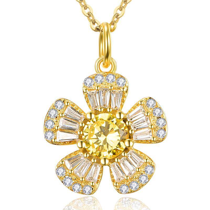 Sterling Silver with Yellow Gold Plated Circular Shaped & Princess-square Shaped Cubic Zirconia Sunflower Pendant Necklace-1