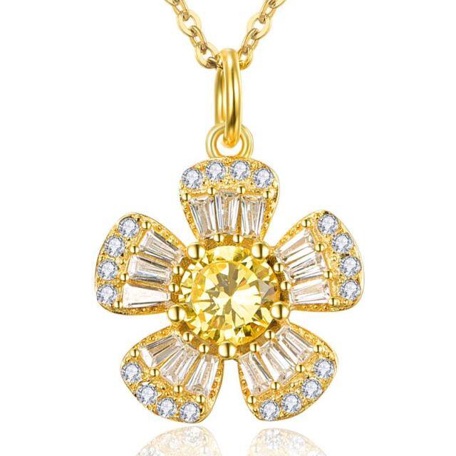 Sterling Silver with Yellow Gold Plated Circular Shaped & Princess-square Shaped Cubic Zirconia Sunflower Pendant Necklace-0