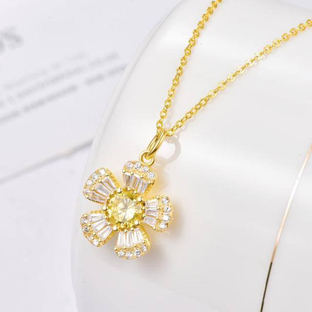 Sterling Silver with Yellow Gold Plated Circular Shaped & Princess-square Shaped Cubic Zirconia Sunflower Pendant Necklace-3