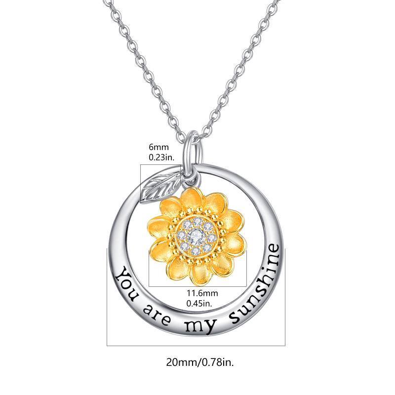 Sterling Silver Two-tone Cubic Zirconia Sunflower Pendant Necklace with Engraved Word-5
