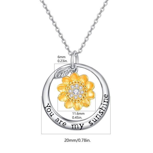 Collar con colgante de girasol de plata de ley con circonita cúbica de dos tonos y palabra grabada-4