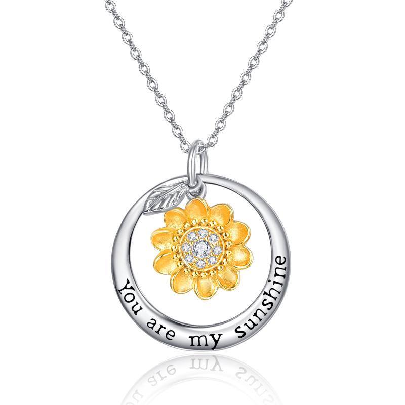 Collar con colgante de girasol de plata de ley con circonita cúbica de dos tonos y palabra grabada-1