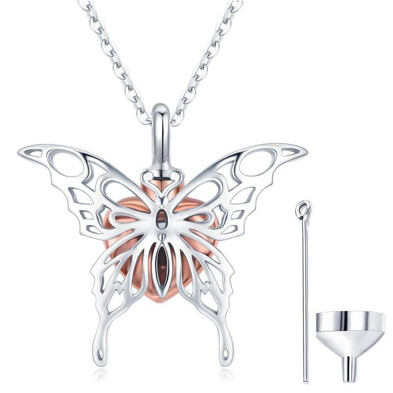 Collar Urna Colgante Mariposa y Corazón para Cenizas en Plata de Ley Bicolor-1