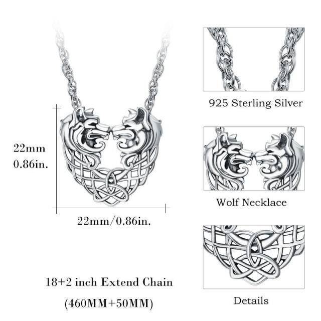 Wolf Halskette Sterling Silber Wolf Anhänger Keltischer Knoten Doppelwolf Schmuck Geschenke für Frauen Mann-2