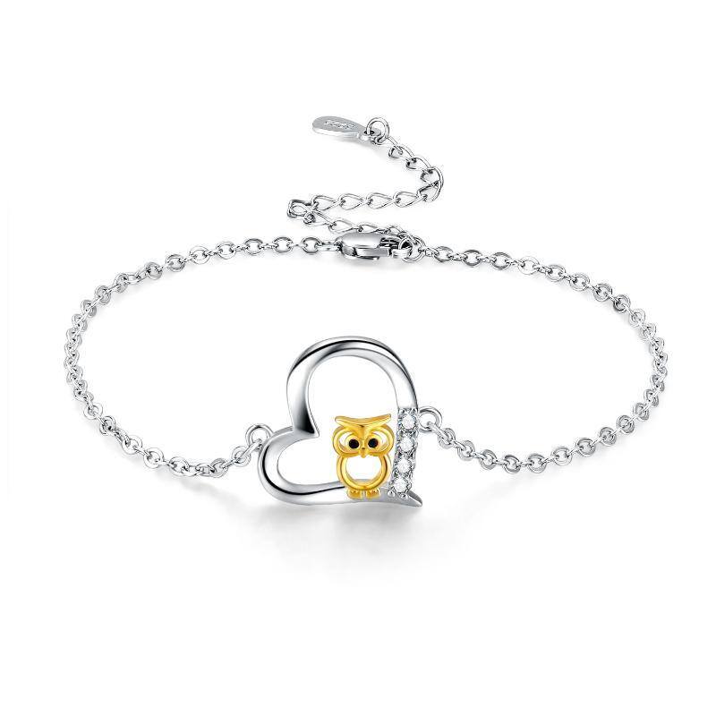 Sterling Silver Two-tone Circular Shaped Cubic Zirconia Owl & Heart Pendant Bracelet-1